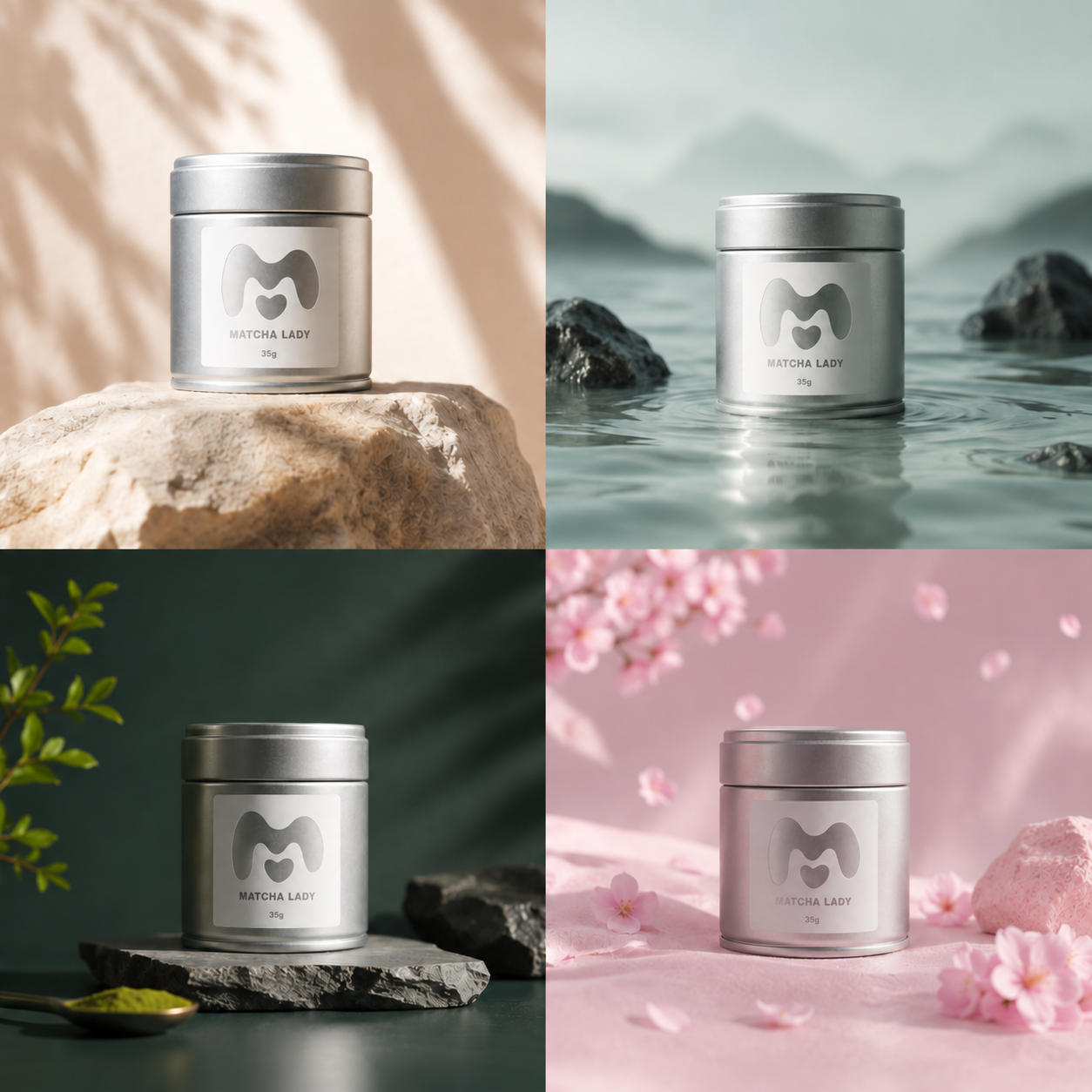 Four photographs of 35g Matcha Lady tins styled with warm stone, water, green tea leaves and pink cherry blossoms