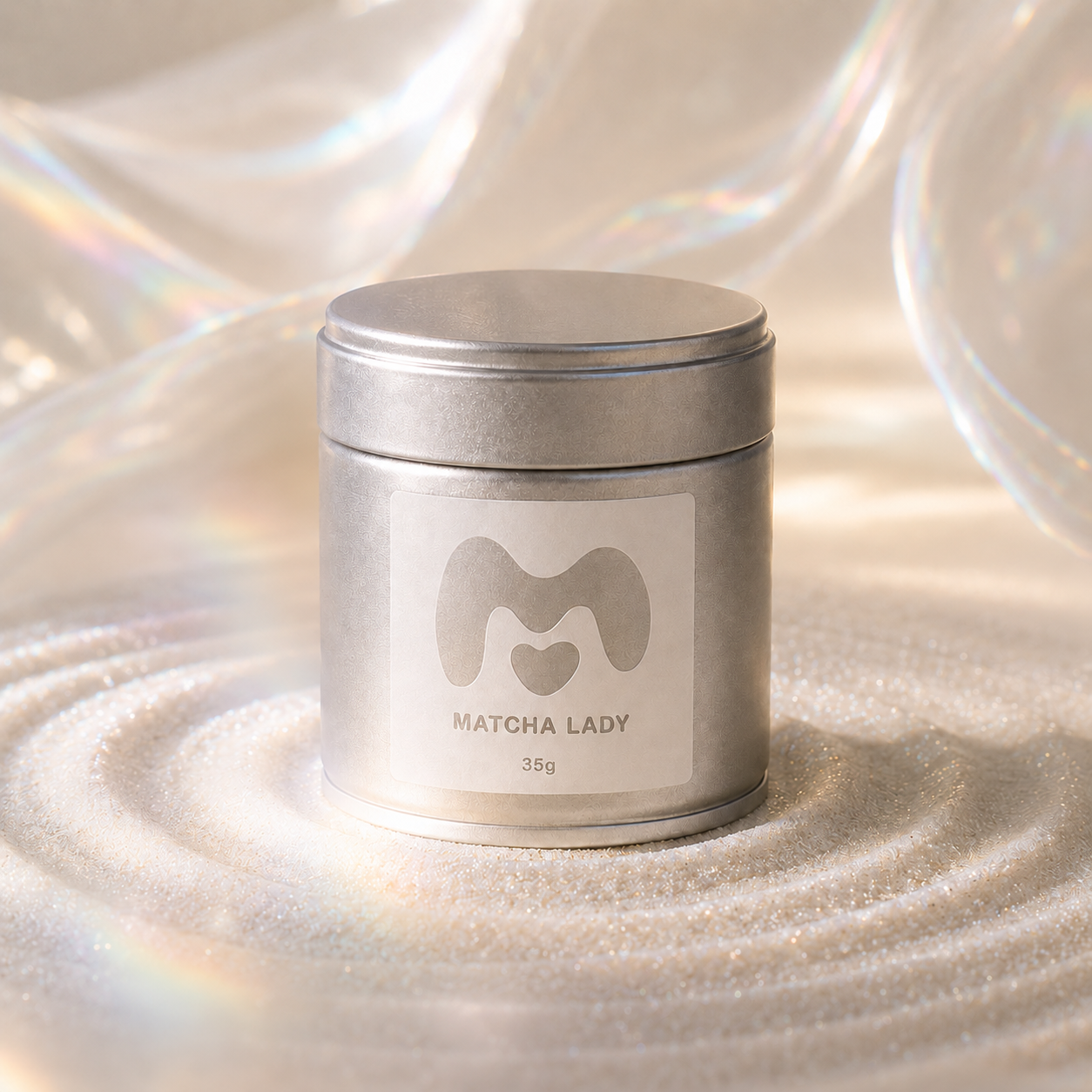 35g Matcha Lady tin in soft pearlescent light